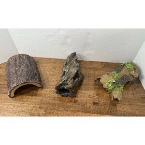Lot of 3 Faux Log Hide Cave Aquarium Ornaments Polyresin Brown/Green